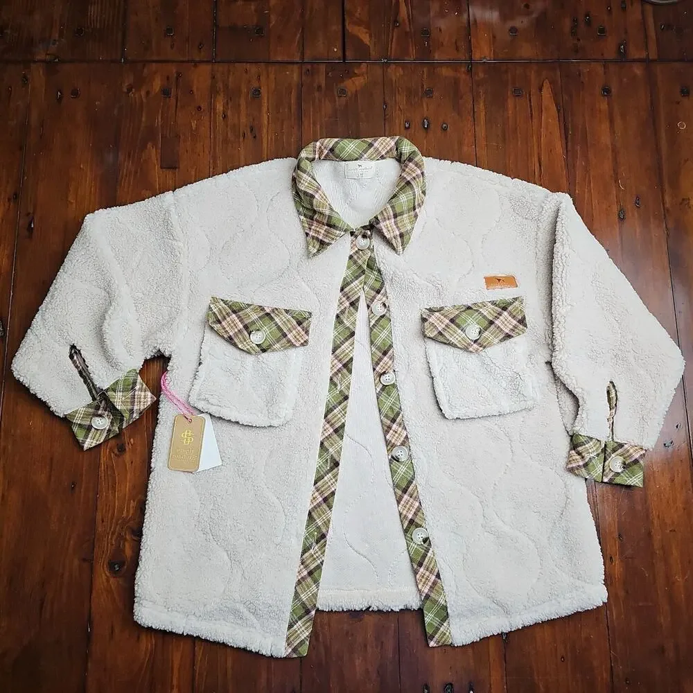 Simply Southern Youth Medium Quilted Sherpa Shacket Cream Green Plaid NEW
